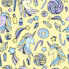 Seamless pattern with unicorns, lollipops, crystals and stars.