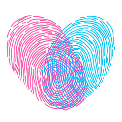 Valentines day design. Vector fingerprint sketch with heart. Hand drawn outline illustration with human finger print with pink and blue heart shape