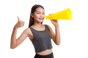 Beautiful young Asian woman  announce with megaphone