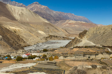 View on Kagbeni village located in the valley of the Kali Gandaki River