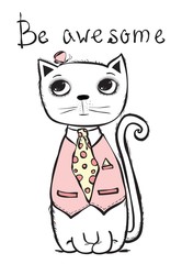 Stylish cute cat. Vector trendy hipster style for greeting card design, t-shirt print, inspiration poster. 