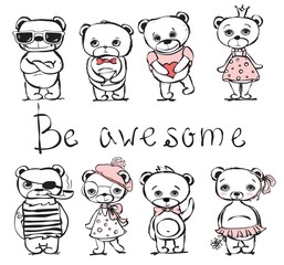Vintage poster with stylish cute bear. Vector trendy hipster style for greeting card design, t-shirt print, inspiration poster.