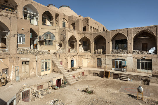 Iran, Kashan: Backyard with several levels, stairway, and sunken courtyard behind the old bazaar in the city center.