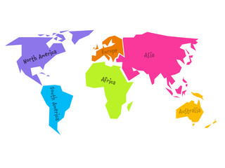 Simplified world map divided to six continents - South America, North America, Africa, Europe, Asia and Australia - in different colors, on white background and with black lables. Simple flat vector