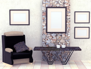 Mocap interior living room. Room with gray plastered walls and b