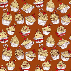 Seamless pattern with hand drawn decorated sweet cupcakes - back