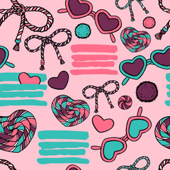 Summer beach seamless pattern in pink and blue tones. Vector.