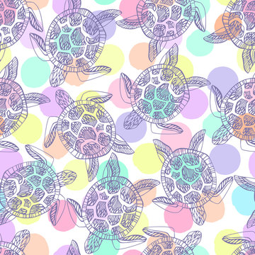 Seamless pattern with sea turtles on a polka dot background