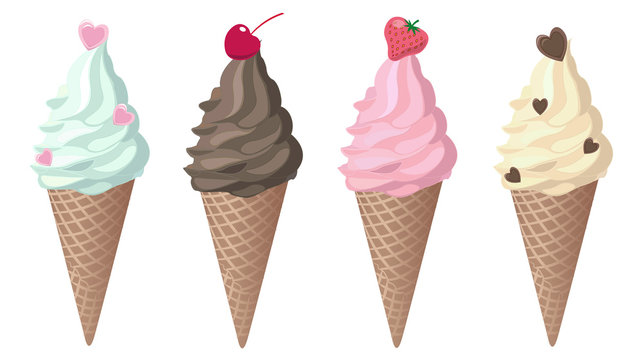 Set of ice cream in a waffle cone with hearts. Vector