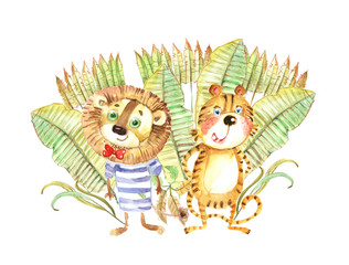 a lion and a tiger, pineapple, banana, watercolor