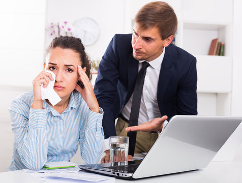 Strict Boss Man Accusing Crying Woman In Firm Office