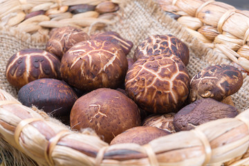 Fresh shiitake mushroom in a basket.