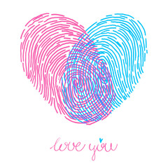 Valentines day design. Vector fingerprint sketch with heart. Hand drawn outline illustration with human finger print with pink and blue heart shape and text I love you