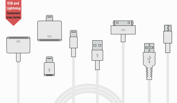 set of usb and Lightning interface cables and adapters isolated on white background. vector universal serial bus 3d icons design. computer peripherals connector or smartphone recharge supply