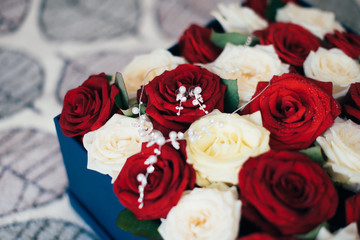 red, white roses and decoration