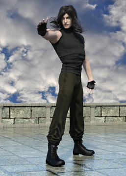 3d render of a young handsome magician evoking magical force on sky background