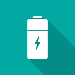 Fototapeta premium Battery icon with long shadow. Flat design style. Battery silhouette. Simple icon. Modern flat icon in stylish colors. Web site page and mobile app design element.