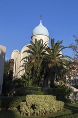 Fototapeta na wymiar Russian Orthodox Church, The Church of Resurrection located on the Avenue Mohammed V, it was built by the Russian community of Tunis, Tunisia.