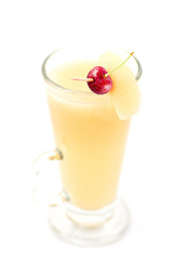 hot pear or apple drink with alcohol with spoon, product photography for restaurant, winter hot drink