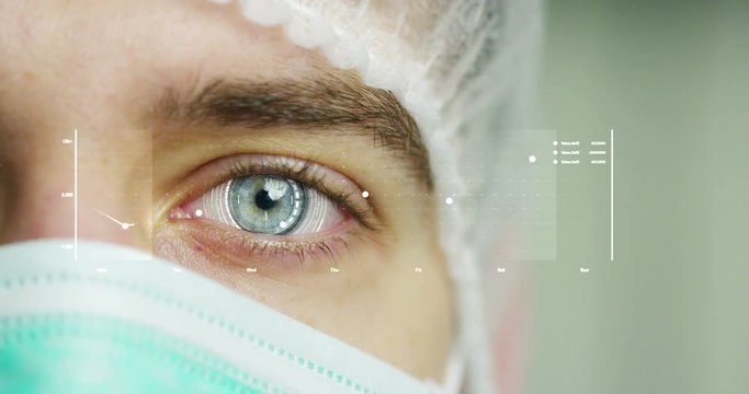 close up or macro of an eye of a doctor, surgeon. futuristic and technological vision of medical care and patient protection. futuristic medicine, technology Eye, medical holography, future