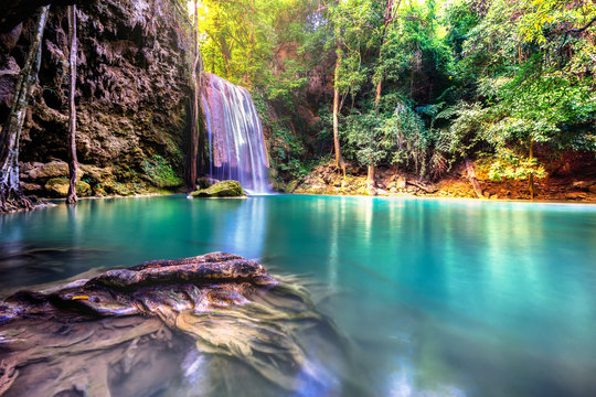 The Erawan water falls with emerald green ponds in Erawan Nation