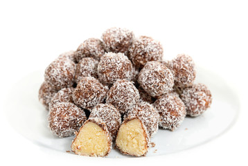 Balls of coconut and chocolate.