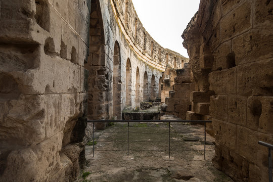 The Roman amphitheater of Thysdrus in El Djem (or El-Jem), a town in Mahdia governorate of Tunisia.The ancient structure has been a World Heritage Site since 1979.