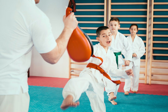 Tae kwon do training. Group of children on Tae kwon do training