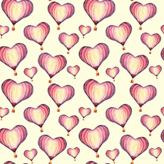 Watercolor hand drawn illustration seamless pattern background with balloons in the shape of a heart of pink color isolated on vanilla color art