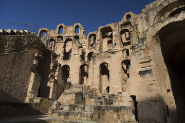 The Roman amphitheater of Thysdrus in El Djem (or El-Jem), a town in Mahdia governorate of Tunisia.The ancient structure has been a World Heritage Site since 1979.