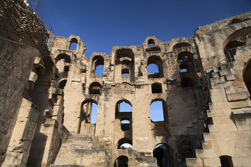 The Roman amphitheater of Thysdrus in El Djem (or El-Jem), a town in Mahdia governorate of Tunisia.The ancient structure has been a World Heritage Site since 1979.