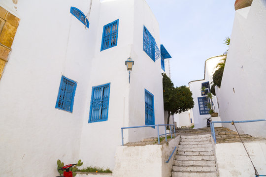 Typical Tunisian, Arabian, Mediterranean architecture in Sidi Bou Said, famous touristic town near Tunis, Tunisian capital.North African Mediterranean coast.