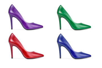 Zapatos clásicos de mujer taco alto de diferentes colores sobre fondo blanco aislado. Vista de frente. Composición