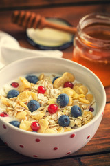 Healthy Breakfast Muesli with berries,honey and milk 