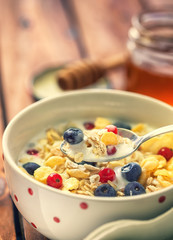 Healthy Breakfast Muesli with berries,honey and milk 