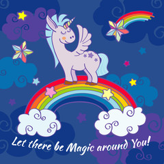 Vector hand drawn unicorn standing on a rainbow