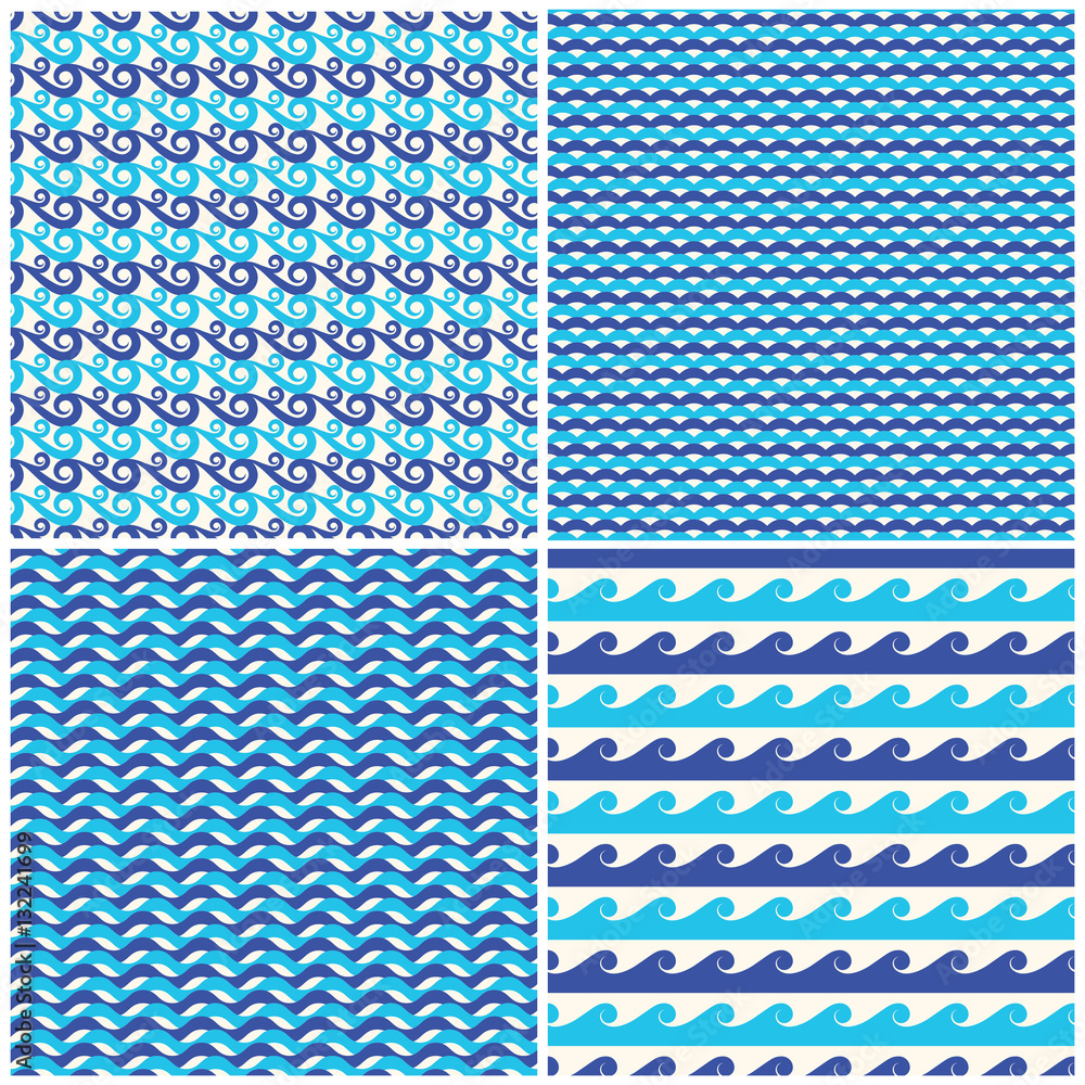 Poster set of vector blue waves seamless patterns