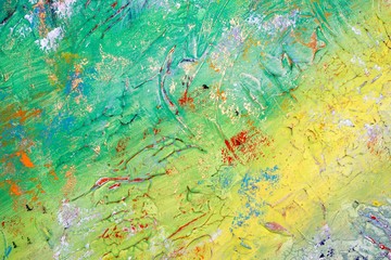 Fototapety  Tło w kolorze zielonym i żółtym z kolorowymi obszarami na płótnie, żel strukturalny akrylowy i farba gwaszowa