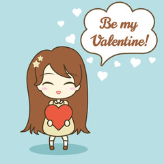 Cute girl holding heart, and speech bubble with text.