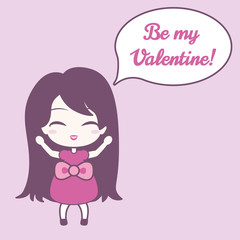Cute girl and speech bubble with text. On pink background.