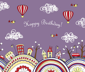 Happy birthday card with doodle city seamless pattern.