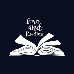 Learn and reading motivation card,open book, white silhouette. Vector illustration