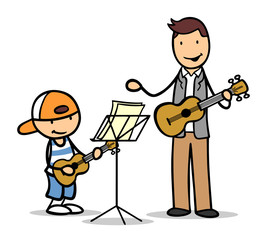 Kind lernt Gitarre spielen bei Musiklehrer