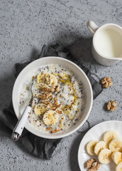 Coconut milk sweet quinoa porridge. Healthy breakfast. Top view, flat lay