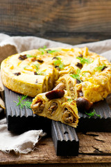 BLINIS PIE with forest mushrooms. selective focus