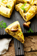 BLINIS PIE with forest mushrooms. selective focus