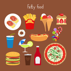 Fatty food vector illustration on the brown background