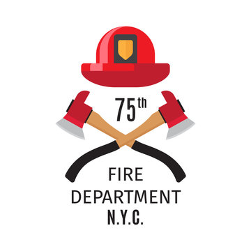 Firefighter emblem with vector cross fire axes and fireman helmet