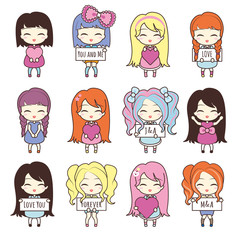 Set collections of cute girls holding hearts and frames.