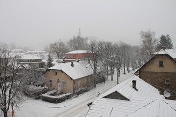 Snowy winter day in small town near Sarajevo , Bosnia and Herzegovina